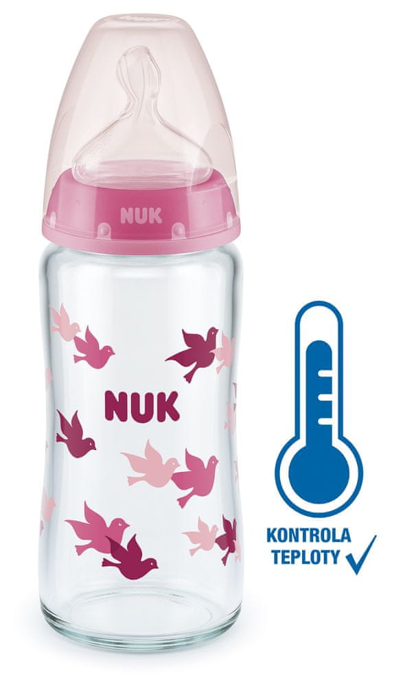 Nuk FC+ fľaša sklo s kontrolou teploty 240 ml ružová